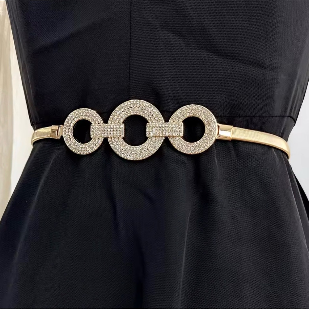 Elegant Gold Circle Rhinestones Elastic Link Belt